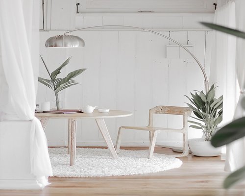 Clean minimalist living room with plants and soft light